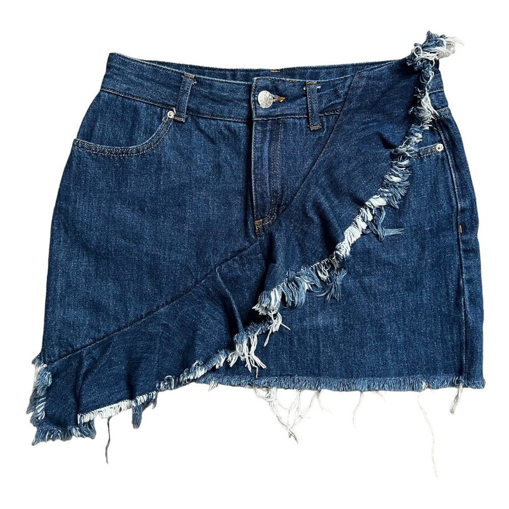 Urban Outfitters BDG Dark Wash Ruffle Frayed Raw Hem Denim Mini Skirt OB716105
